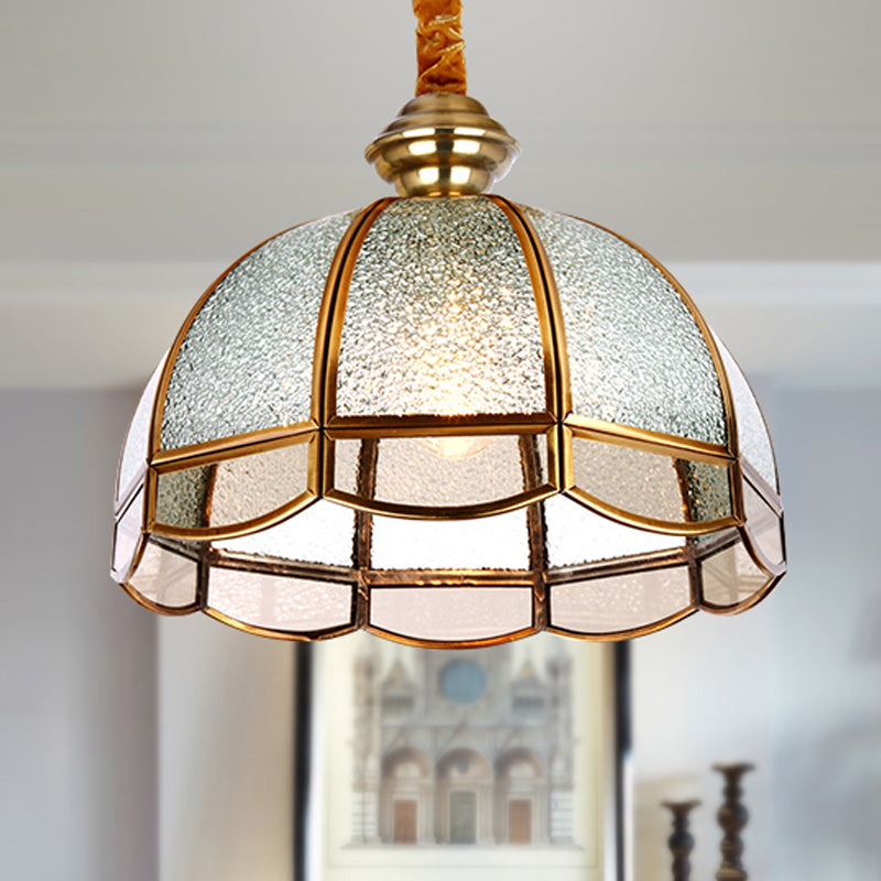 Textured Glass Dome Pendant Light Modern 1 Bulb Gold Suspended Lighting Fixture for Living Room