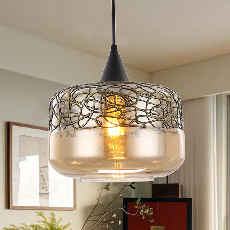 Amber Glass Drum hanglampverlichting eigentijdse 1 hoofdhangende lampkit voor woonkamer