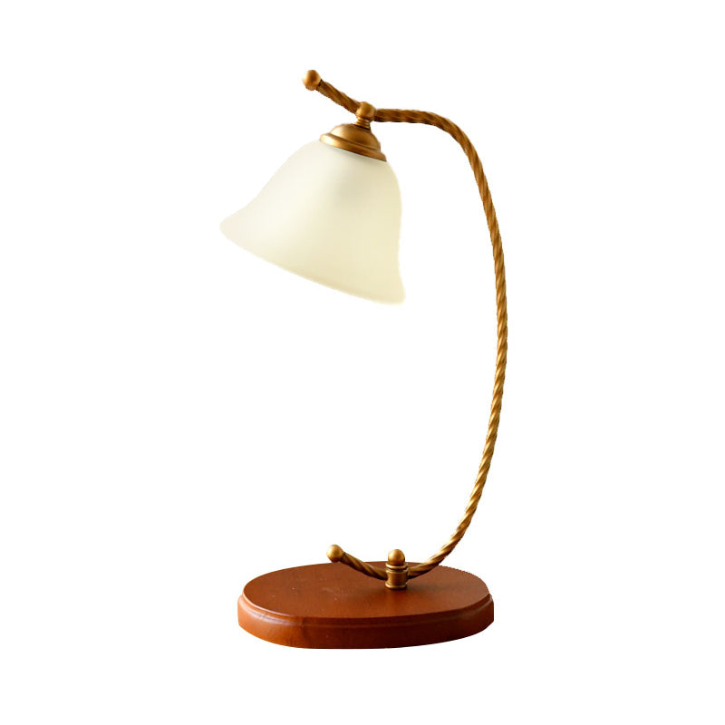 1 Light Bedroom Desk Lamp Traditional Red Brown Study Light with Bell White Glass Shade