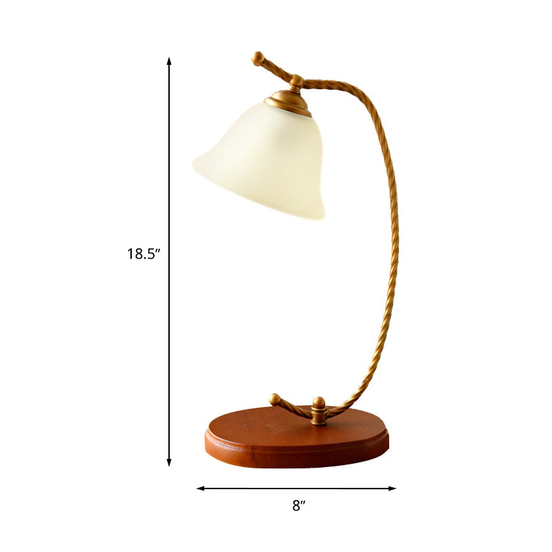 1 Light Bedroom Desk Lamp Traditional Red Brown Study Light with Bell White Glass Shade