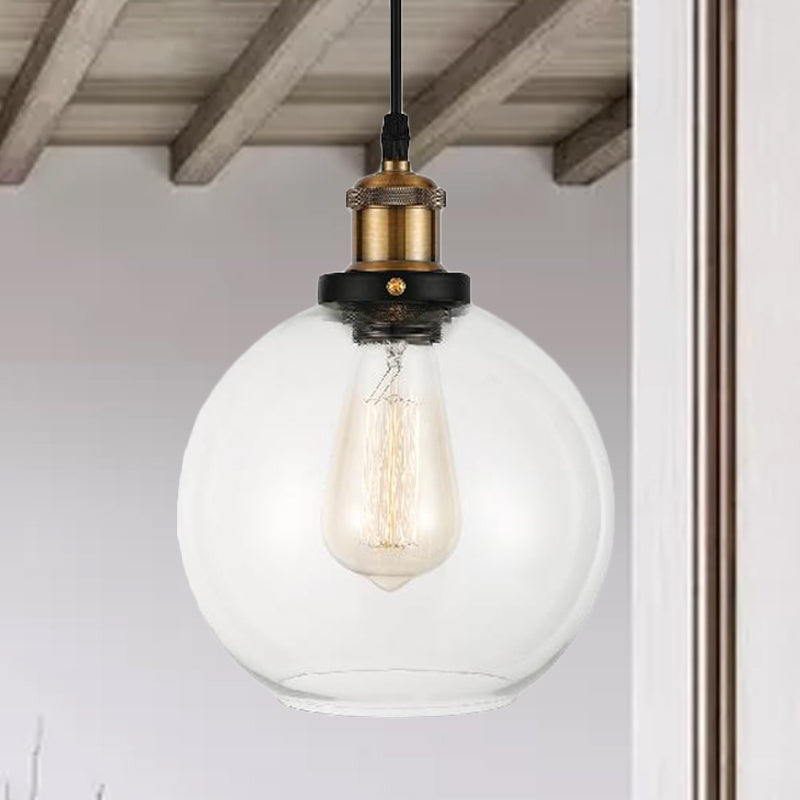 Clear Glass Globe Hanging Pendant Light with Adjustable Cord Industrial Suspension Lamp in Brass