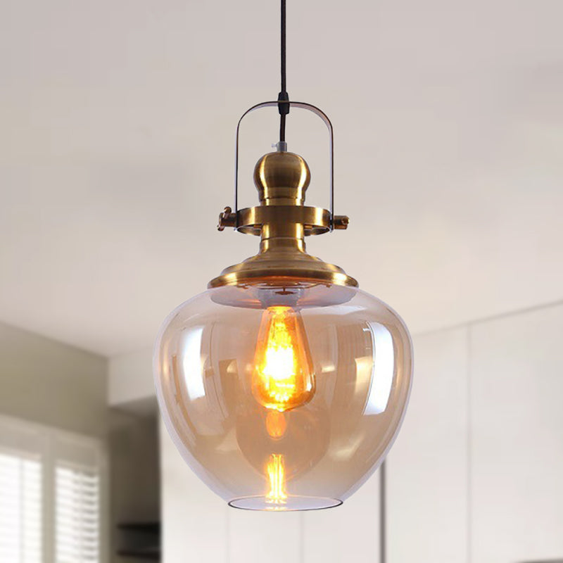 Brass Orb Pendant Ceiling Light Industrial Amber Glass 1 Light Living Room Hanging Lamp for Living Room