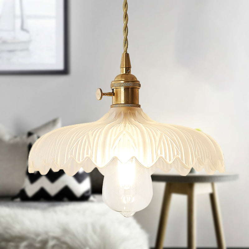 Brass Scalloped Pendant Ceiling Light Farmhouse Frosted Glass 1 Light Living Room Hanging Lamp