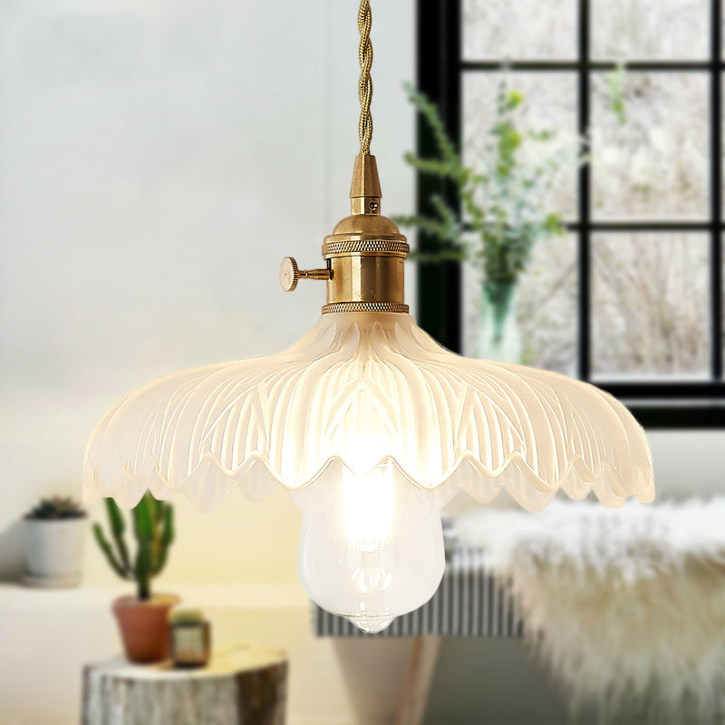 Brass Scalloped Pendant Ceiling Light Farmhouse Frosted Glass 1 Light Living Room Hanging Lamp