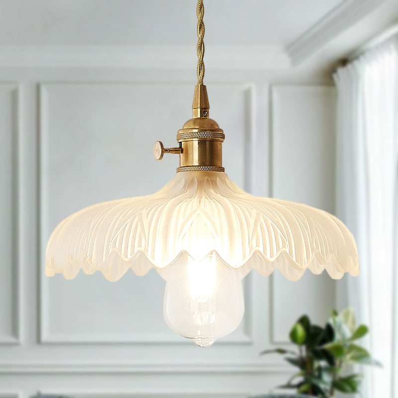 Brass Scalloped Pendant Ceiling Light Farmhouse Frosted Glass 1 Light Living Room Hanging Lamp