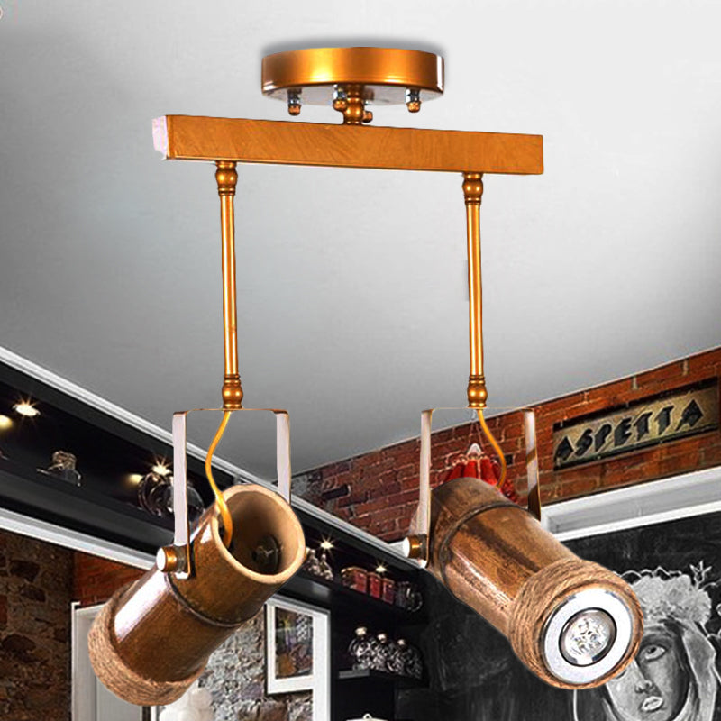 1/2/3-Light Tube Semi Flush Light Lodge Stylish Wood Metal and Bamboo Adjustable Ceiling Fixture for Restaurant