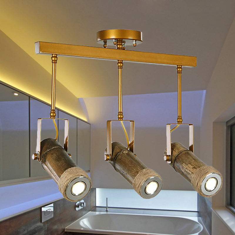 1/2/3-licht buis Semi Flush Light Lodge Stijlvol houtmetaal en bamboe verstelbaar plafondbescherming voor restaurant