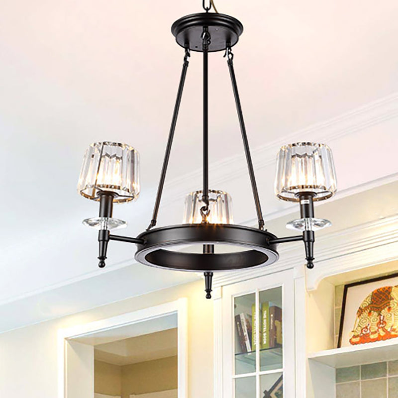 Black Barrel Hanging Light Fixture Vintage 3/6/8 Lights Metal Chandelier Light with Prismatic Glass Shade