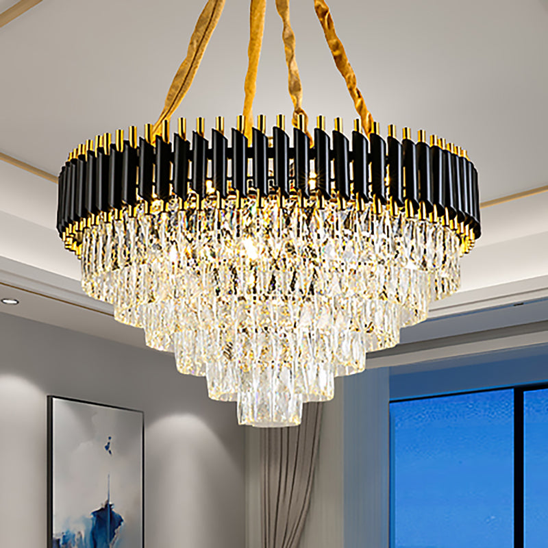 Conical Chandelier Light Modernism Crystal 4 Lights Black Hanging Ceiling Light for Living Room