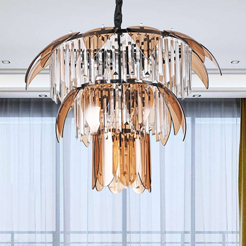 3 Layers Chandelier Light Fixture Modernism Crystal Prism 10 Lights Living Room Ceiling Light