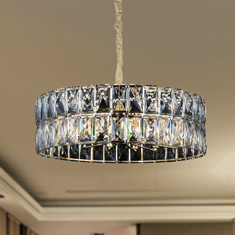 Faceted Crystal Drum Chandelier Light Postmodern 8 Lights Gold Hanging Ceiling Light