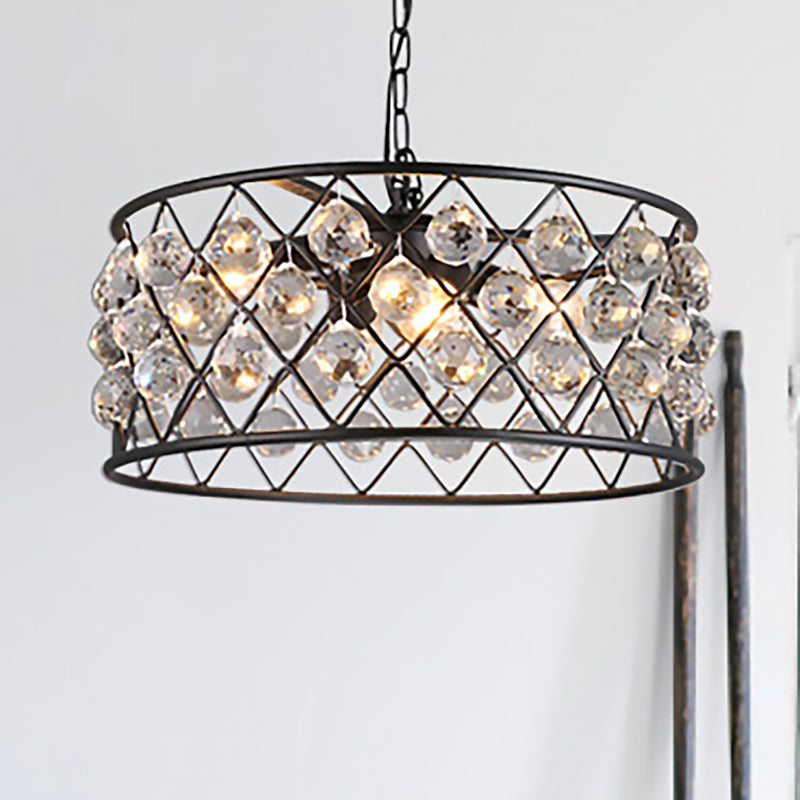 Round Iron Frame Ceiling Light Modern Metal and Crystal 4 Lights Black Chandelier Light