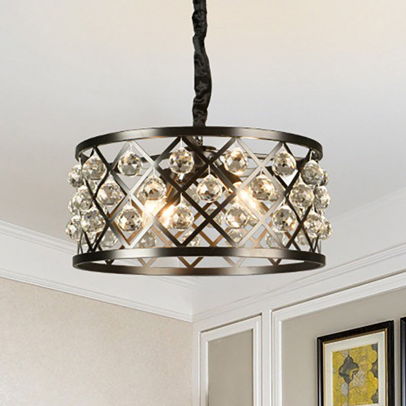 Metal and Crystal Round Ceiling Light 4 Lights Black Chandelier Lamp for Dining Room