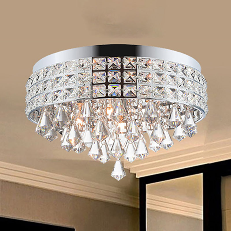 Contemporary Drum Flush Mount Light Crystal and Metal 4 Lights Bedroom Ceiling Fixture in Silver