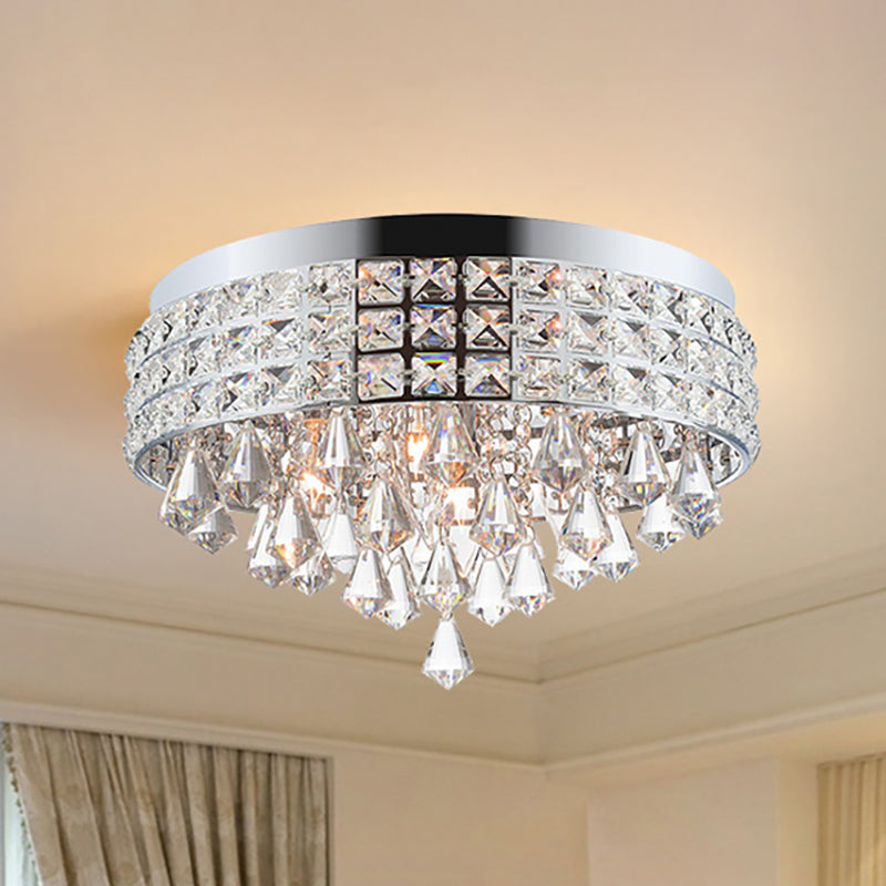 Contemporary Drum Flush Mount Light Crystal and Metal 4 Lights Bedroom Ceiling Fixture in Silver