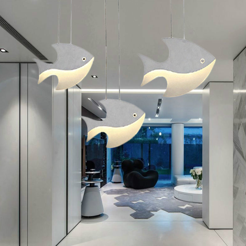 Metal Pendant Light White, Linear Hanging Fixture with Cord And Fish Design for Kids Bedroom Modern Style