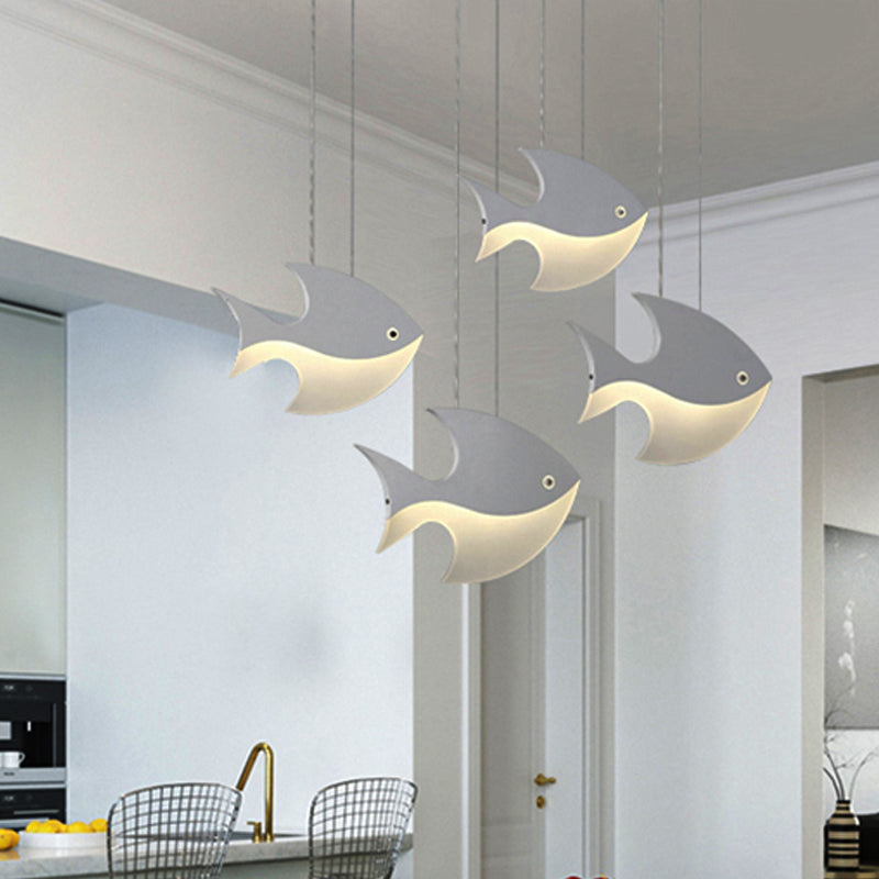 Metal Pendant Light White, Linear Hanging Fixture with Cord And Fish Design for Kids Bedroom Modern Style