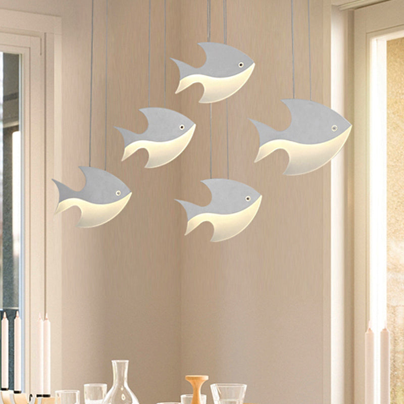 Metal Pendant Light White, Linear Hanging Fixture with Cord And Fish Design for Kids Bedroom Modern Style