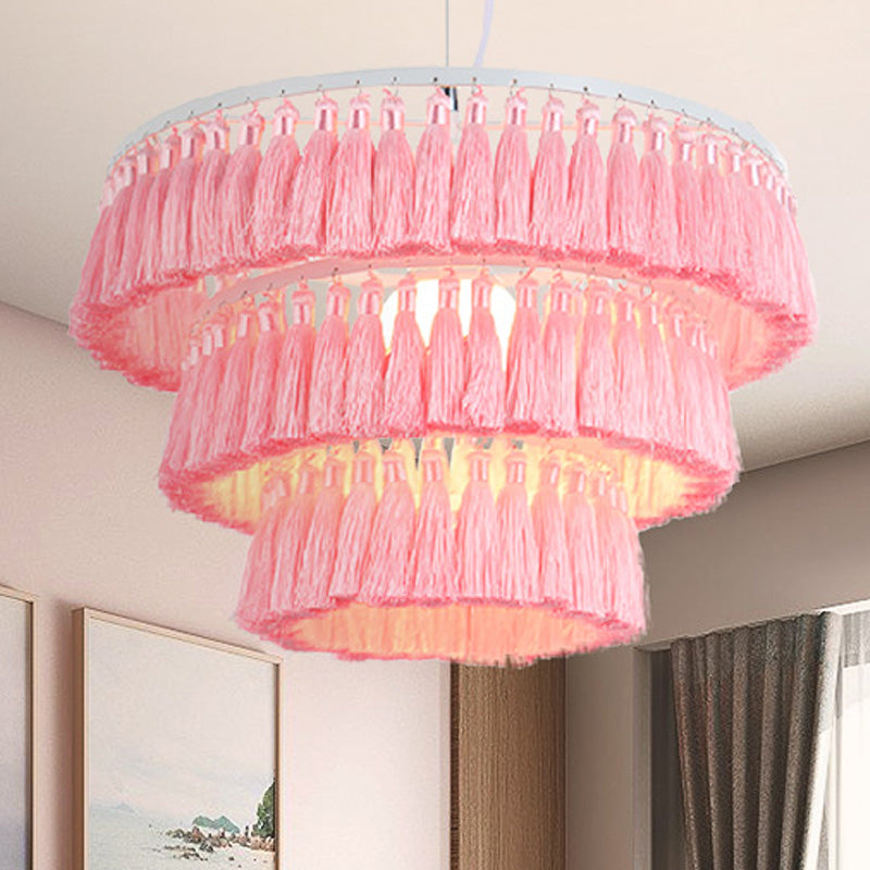 Modern Style Pendant Light with Tassel Single Light Fabric Ceiling Pendant for Girl Bedroom