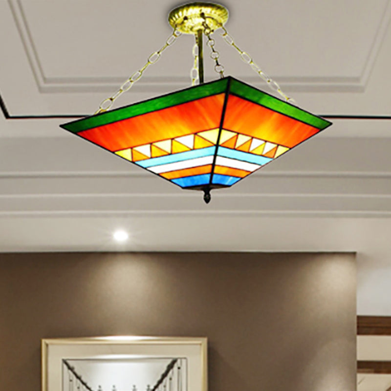 Tiffany Stylish Inverted Semi Flush Mount Light with Trapezoid Stained Shade Glass Ceiling Lamp in Orange/Yellow