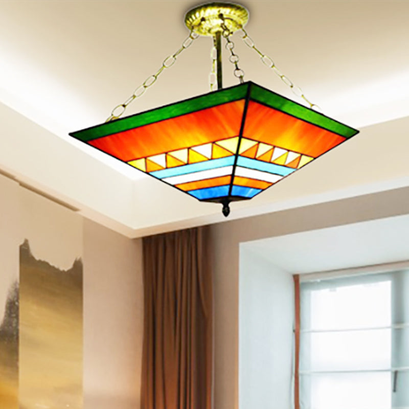 Tiffany Stylish Inverted Semi Flush Mount Light with Trapezoid Stained Shade Glass Ceiling Lamp in Orange/Yellow