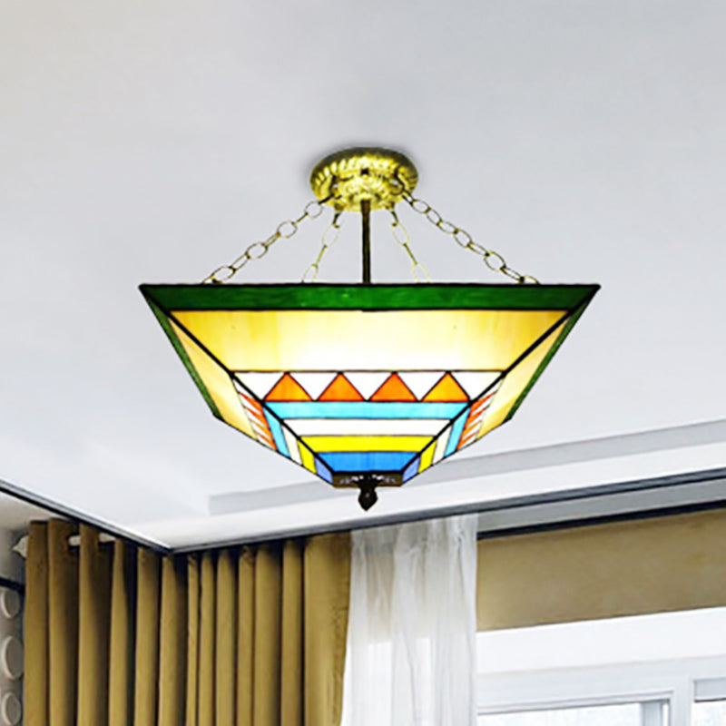 Tiffany Stylish Inverted Semi Flush Mount Light with Trapezoid Stained Shade Glass Ceiling Lamp in Orange/Yellow