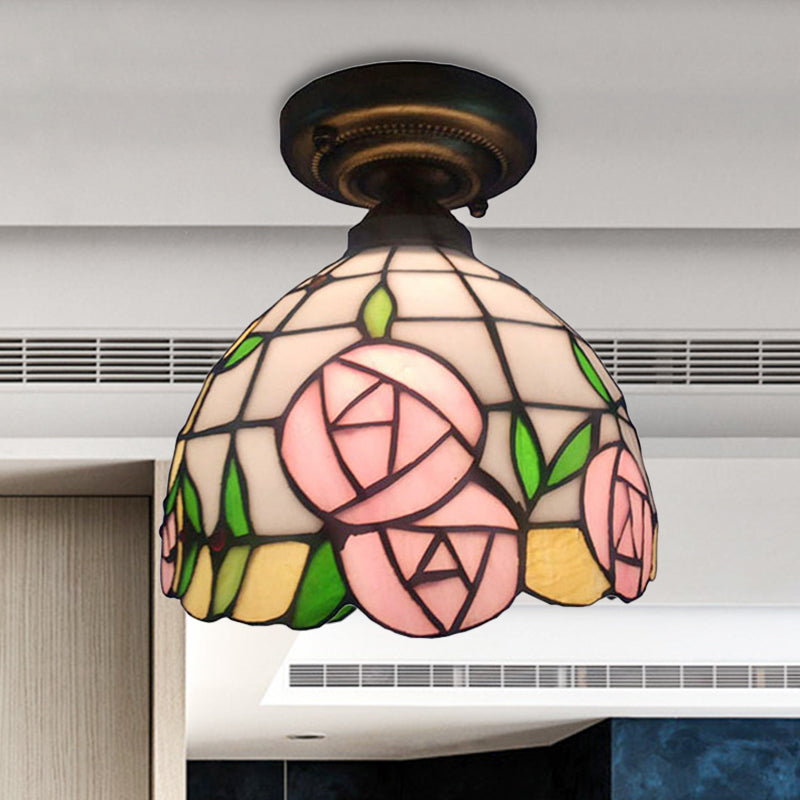 Rustic Tiffany Rose/Morning Glory Flushmount Light 1 Light Stained Glass Ceiling Light in Pink for Cafe