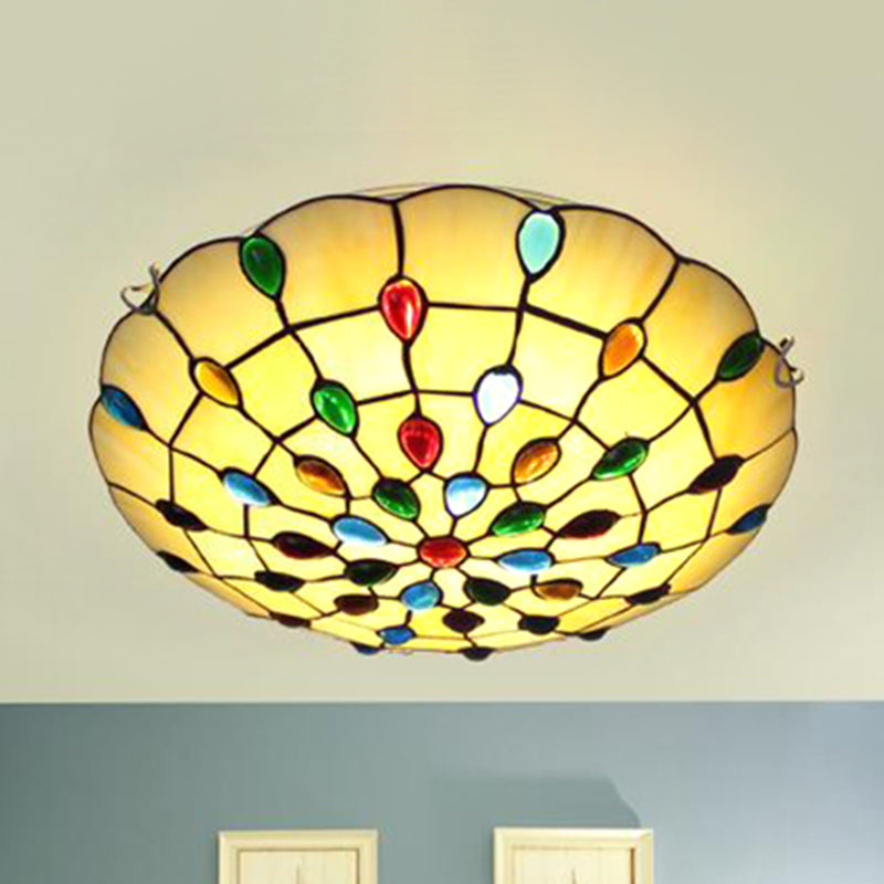 Beige/Yellow Bowl Flush Mount Light Rustic Loft Stained Glass 12"/16"/19.5" W Bedroom Flush Ceiling Light with Jewel Decoration