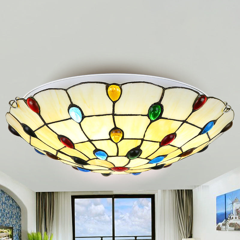 Beige/Yellow Bowl Flush Mount Light Rustic Loft Stained Glass 12"/16"/19.5" W Bedroom Flush Ceiling Light with Jewel Decoration