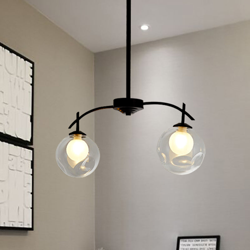 Black Finish Pendant Light Two-Light Modern Simple Metal and Clear Glass Chandelier for Corridor