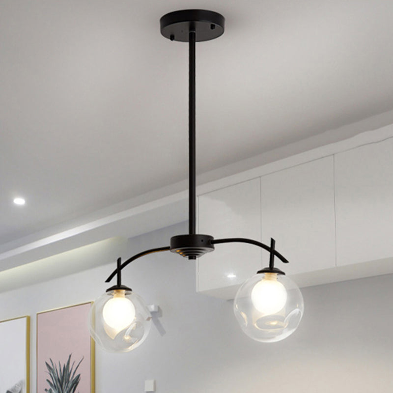 Black Finish Pendant Light Two-Light Modern Simple Metal and Clear Glass Chandelier for Corridor