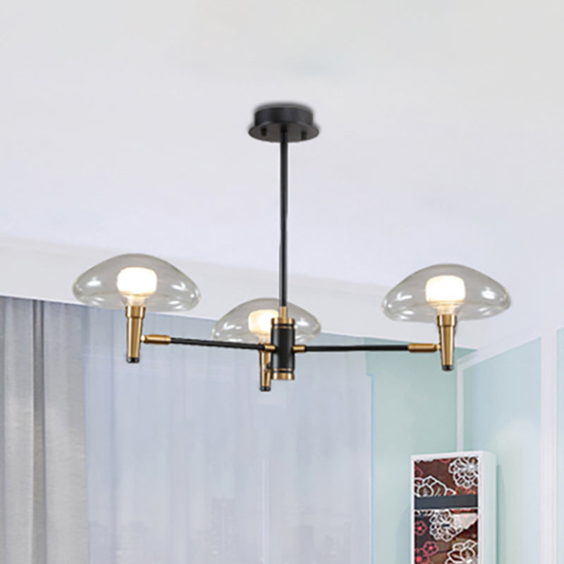 Contemporary Black Chandelier Mushroom Shade 3 Bulbs Transparent Glass Pendant Light for Bedroom