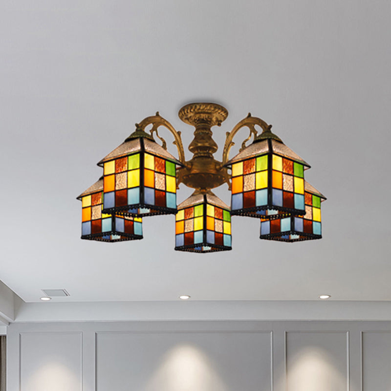 3/5/6 Lights Vintage Tiffany House Chandelier Stained Glass Pendant Light for Restaurant Library