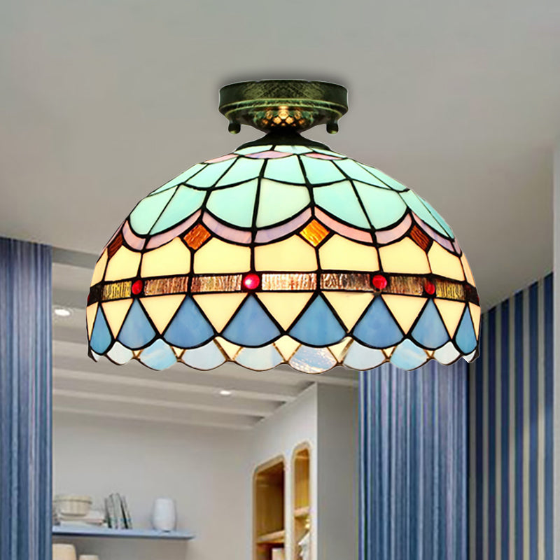 Scalloped Bowl Flush Lighting with Baroque/Gem/Square/Blue Square/Yellow Square Pattern Tiffany Style Stained Glass 1 Bulb Flush Ceiling Light