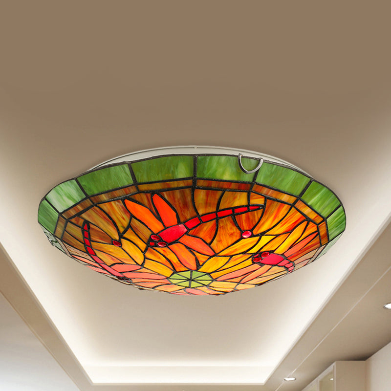 Lodge Dragonfly/Floral Flushmount 3 Bulbs Stained Glass Flush Ceiling Light in Yellow for Living Room