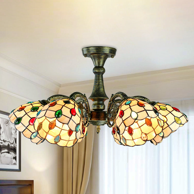 6 Lights Peacock Tail/Leaf/Flower Pendant Light with Shade Tiffany Vintage Stained Glass Chandelier Lighting in Antique Bronze