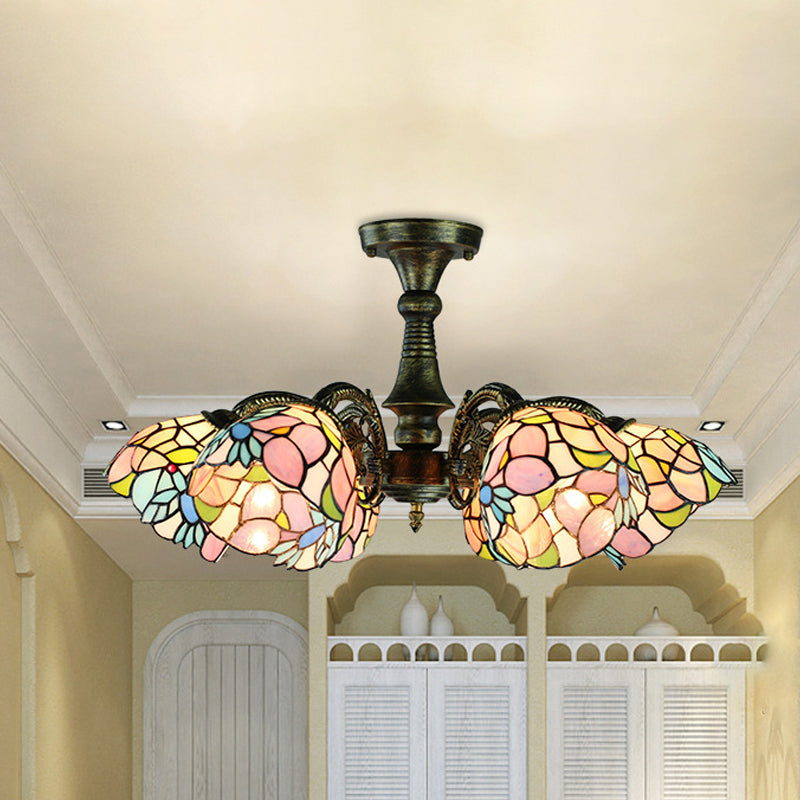 6 Lights Peacock Tail/Leaf/Flower Pendant Light with Shade Tiffany Vintage Stained Glass Chandelier Lighting in Antique Bronze