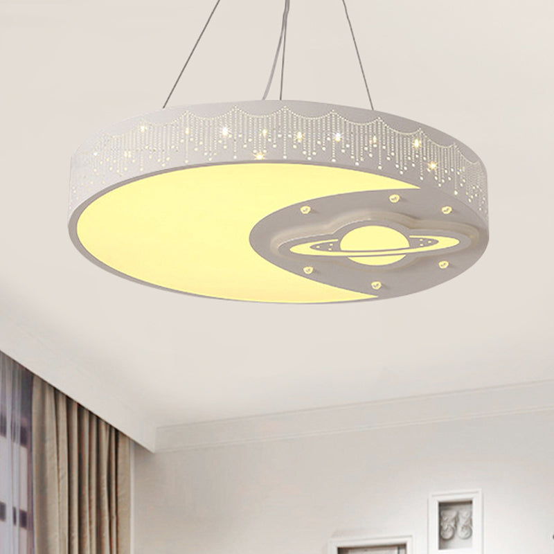 Metal Round Pendant Light with Moon and Planet Living Room Kids Chandelier in White