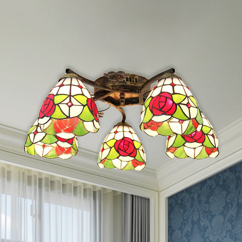 Rose Semi Flushmount Lodge Style Stained Glass 5 Heads Living Room Semi Flush Lighting in Clear/White