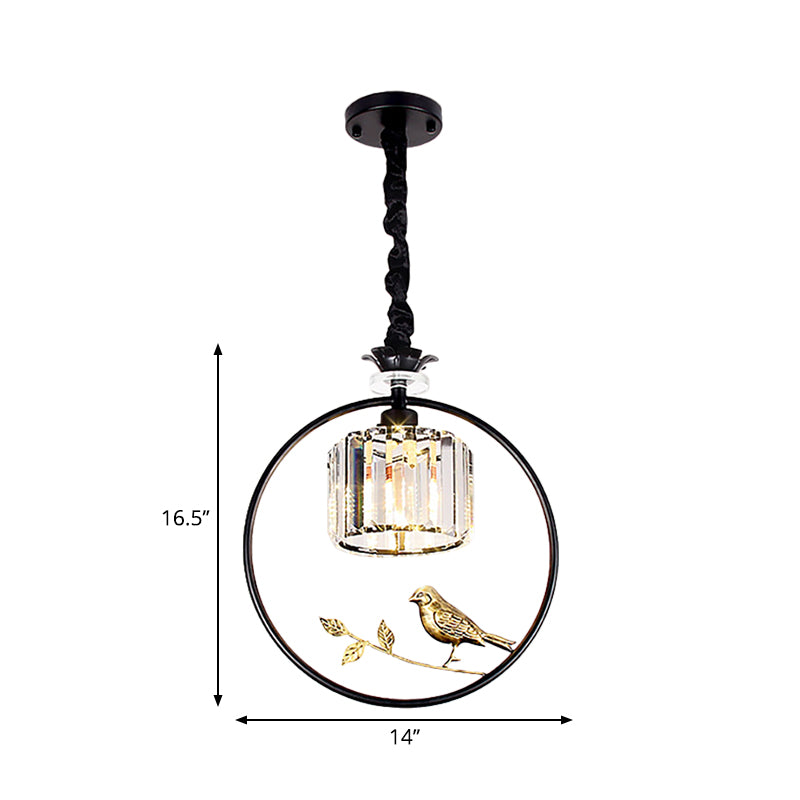 Cylinder Crystal Hanging Light Fixture Minimalist 1 Light Dining Room Pendant Lamp with Gold/Black Ring