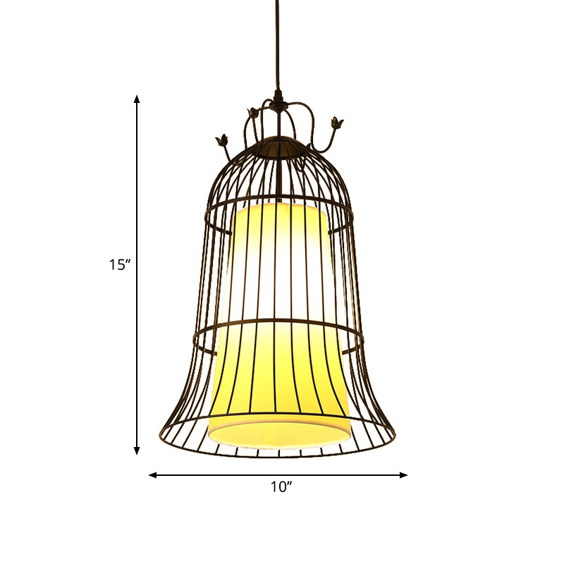 Bell White Glass Hanging Light Vintage 1 Light Dining Room Pendant Light with Black Wire Cage, 10"/14" Wide