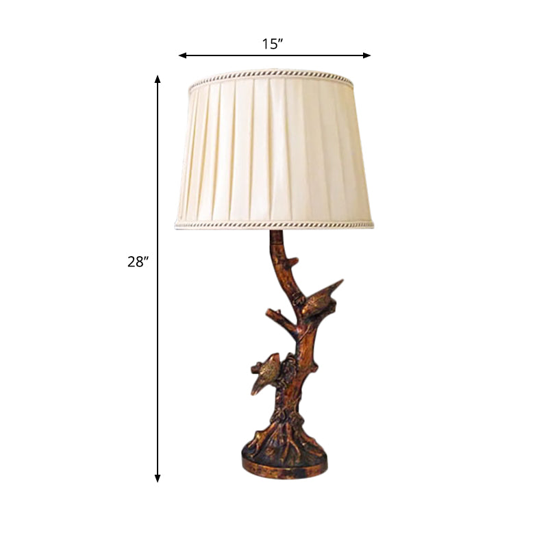 1-Light Fabric Reading Lamp Rustic Beige Drum Bedroom Desk Light with Tree and Birds