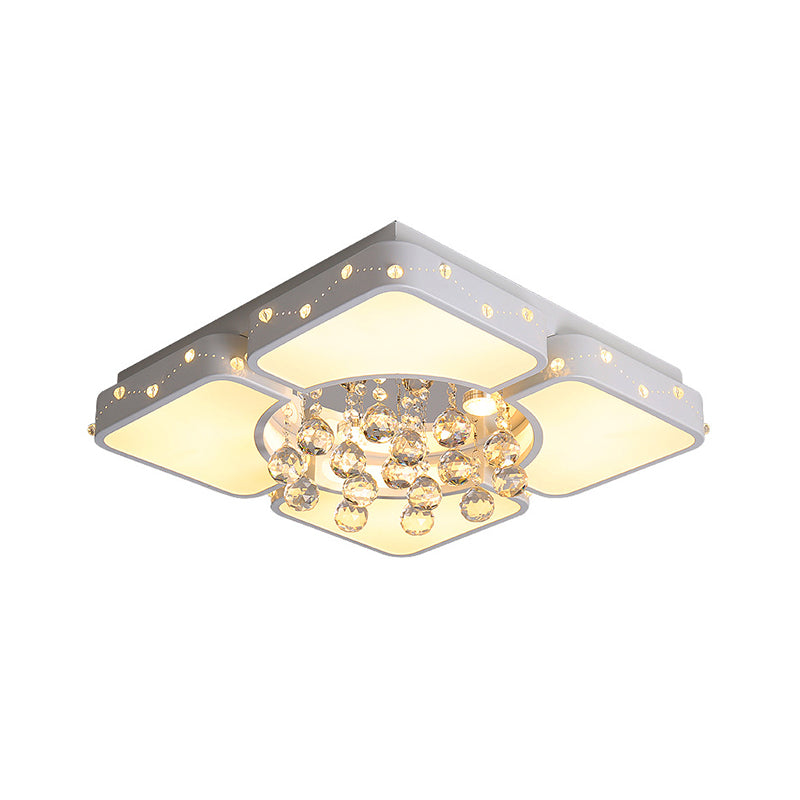 Square/Rectangle Flushmount Lamp Modernism Metal Led White Ceiling Light Fixture with Crystal Ball, 19.5"/23.5"/35.5" W