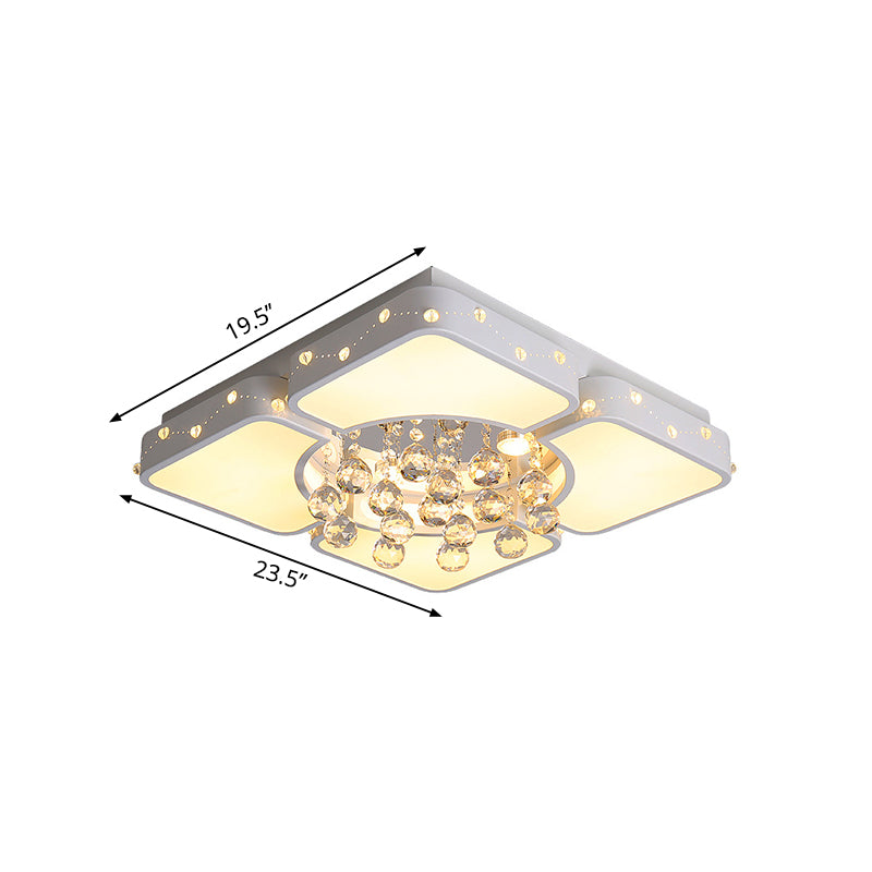 Vierkant/rechthoekig inbouwlamp modernisme metaal led wit plafondlamp met kristallen bol, 19,5"/23,5"/35,5" W