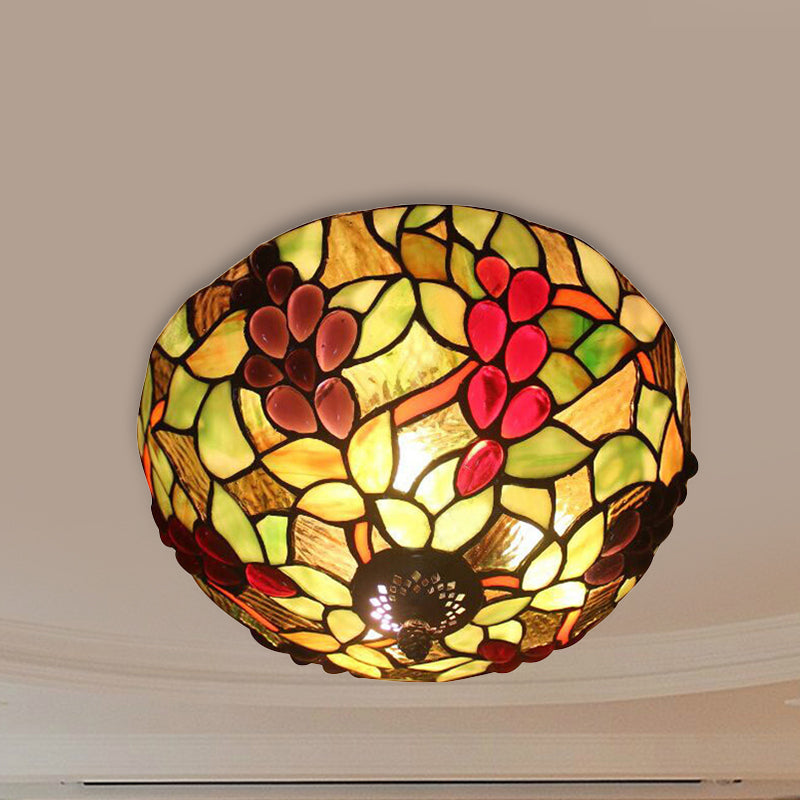 Stained Glass Grapes Ceiling Light Lodge 2 Lights Flushmount Light with Bowl Shade for Bedroom Lighting