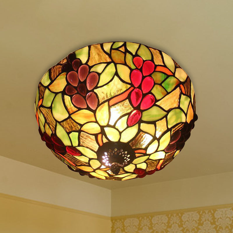 Stained Glass Grapes Ceiling Light Lodge 2 Lights Flushmount Light with Bowl Shade for Bedroom Lighting