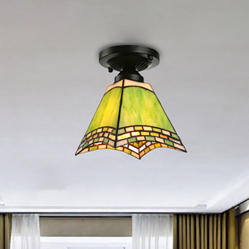 Craftsman Office Ceiling Light Art Glass 1 Light Tiffany Style Flush Mount Light in Green for Corridor