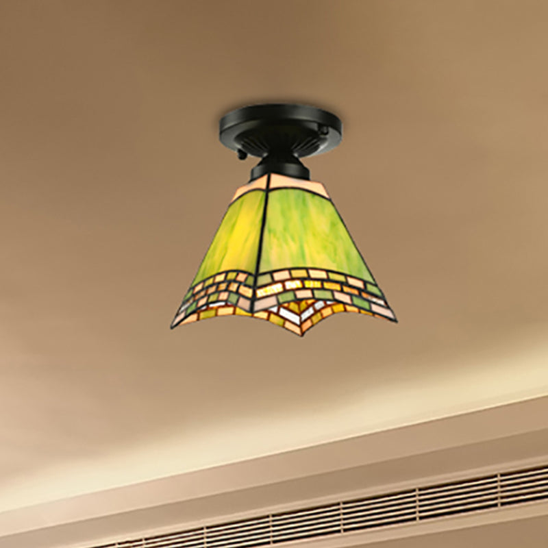 Craftsman Office Ceiling Light Art Glass 1 Light Tiffany Style Flush Mount Light in Green for Corridor