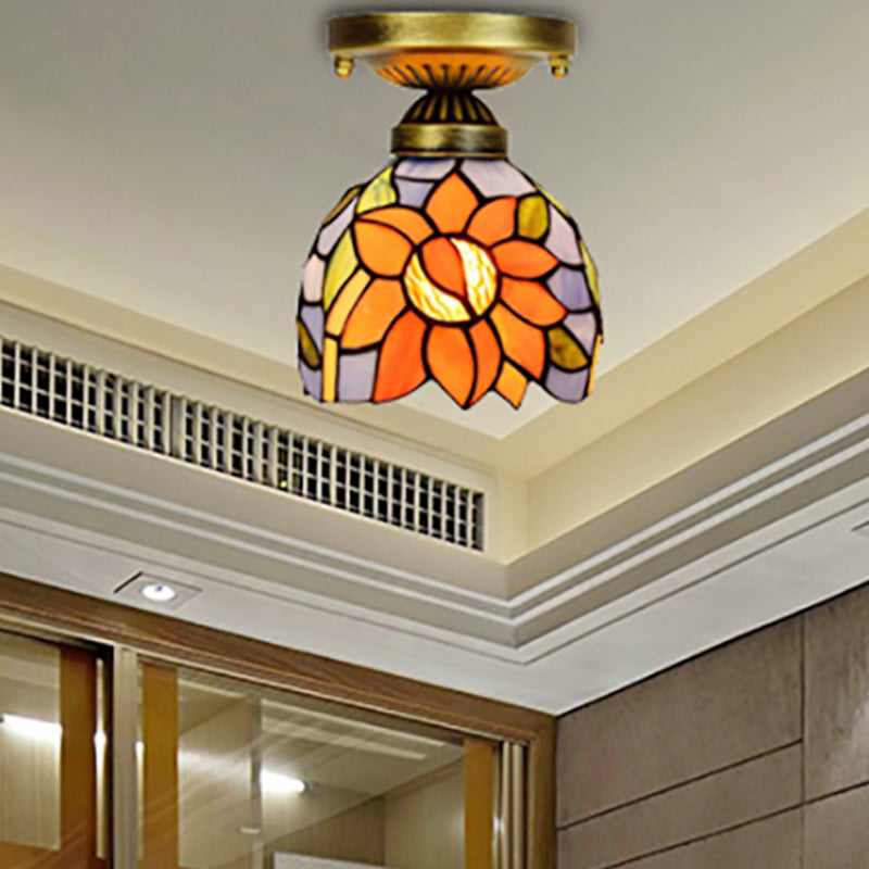 6 Inch Rustic Orange Ceiling Lamp Sunflower 1 Head Stained Glass Flush Ceiling Light for Corridor