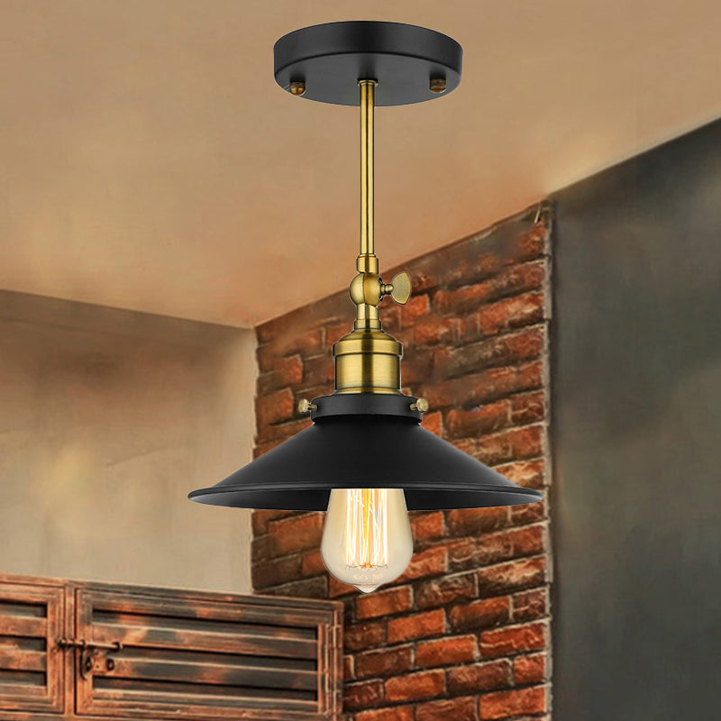1 Bulb Conical Ceiling Lighting Vintage Stylish Black Metallic Semi Flush Ceiling Light for Dining Room